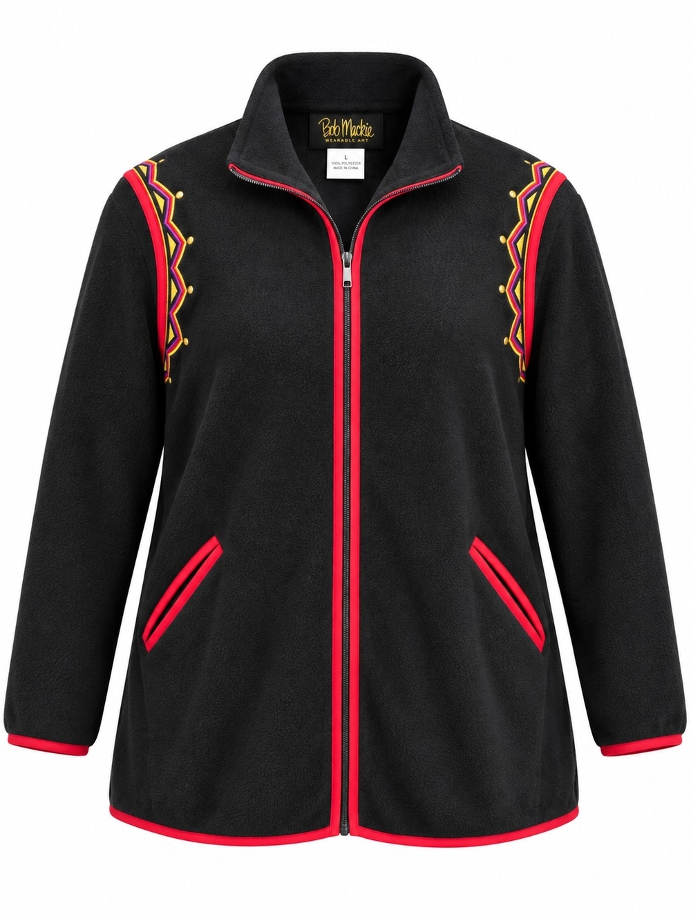 BOB MACKIE | Wearable Art Black Embroidered Fleece Zip Jacket | L